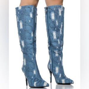 AZALEA WANG Blue Denim Snakeskin Knee High Boots